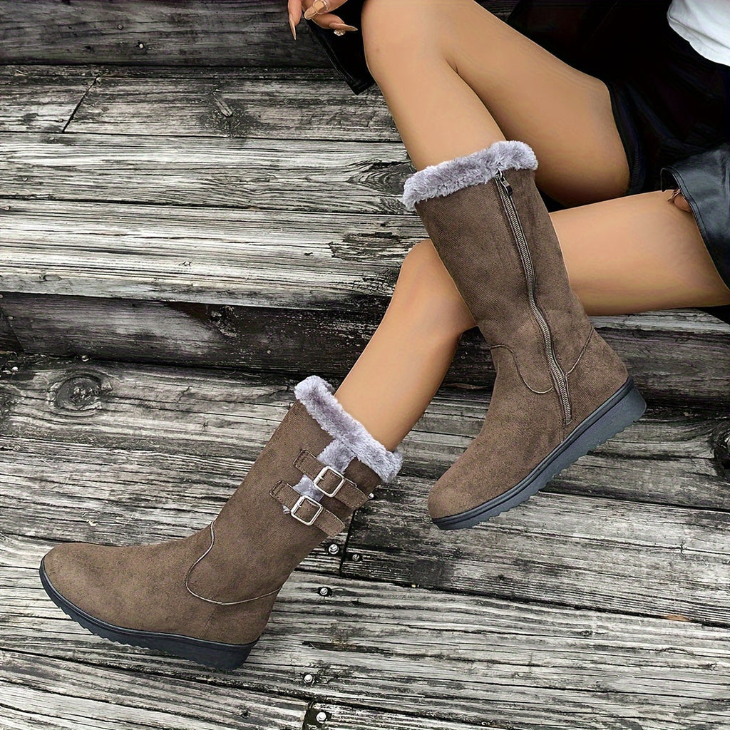 Botas de invierno forradas de pelo para mujer con cremallera lateral, doble hebilla y suela antideslizante, 3 colores, t