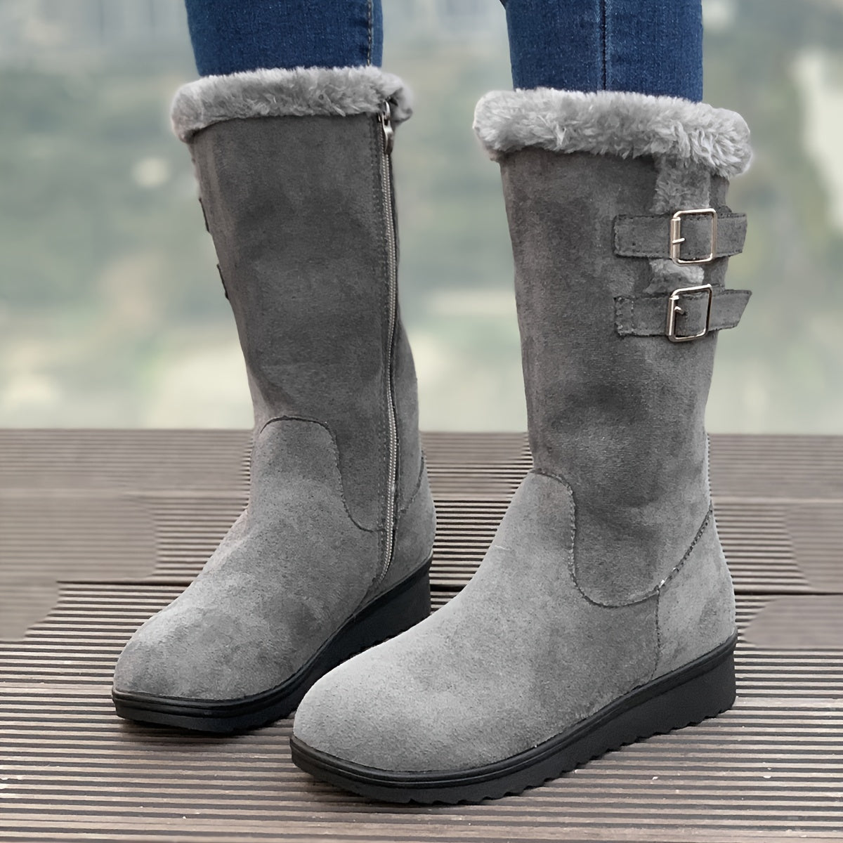 Botas de invierno forradas de pelo para mujer con cremallera lateral, doble hebilla y suela antideslizante, 3 colores, t
