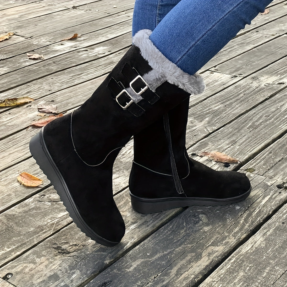 Botas de invierno forradas de pelo para mujer con cremallera lateral, doble hebilla y suela antideslizante, 3 colores, t