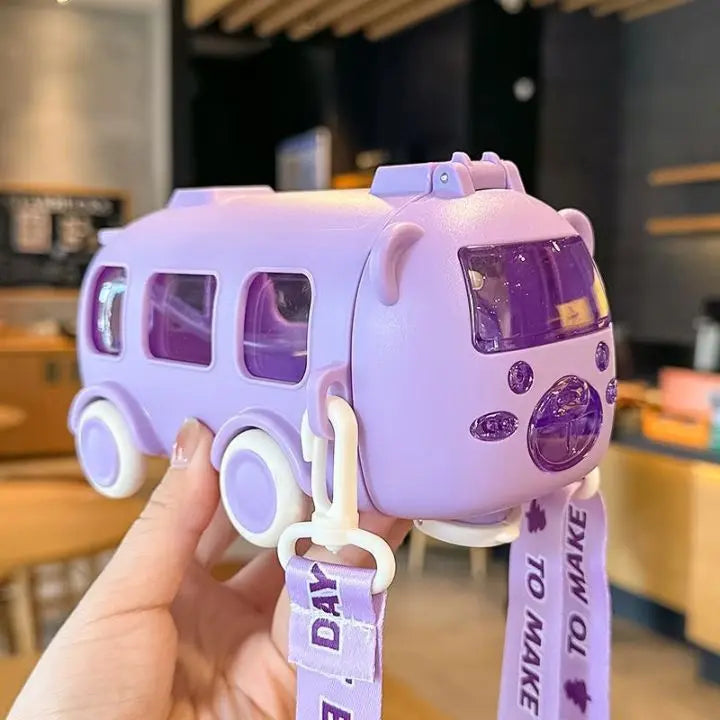 Botella de agua de 500 ml con forma de autobús – A prueba de fugas con pajita y correa