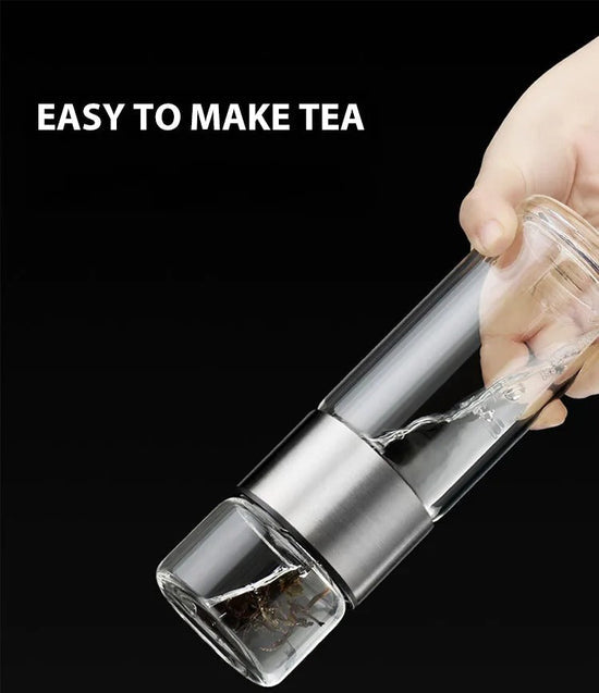 Botella térmica con filtro para té – Cristal y madera – Doble pared – 500 ml – ClearTherm