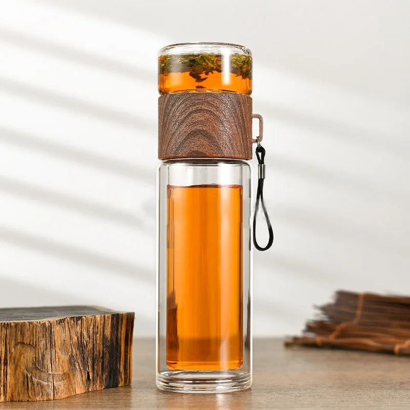 Botella térmica con filtro para té – Cristal y madera – Doble pared – 500 ml – ClearTherm