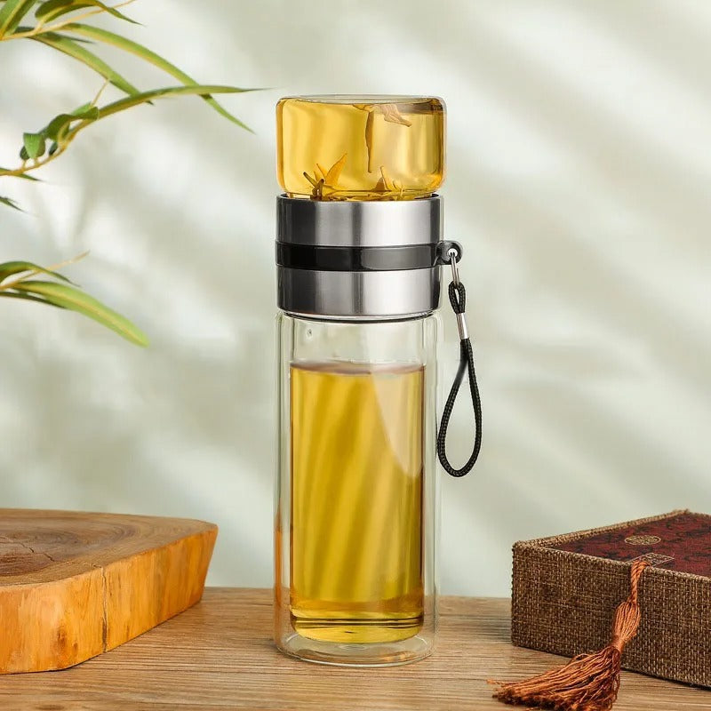 Botella térmica con filtro para té – Cristal y madera – Doble pared – 500 ml – ClearTherm