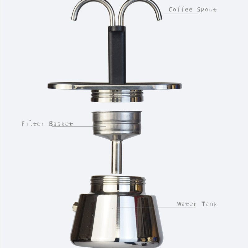 Cafetera italiana de acero inoxidable con diseño moderno