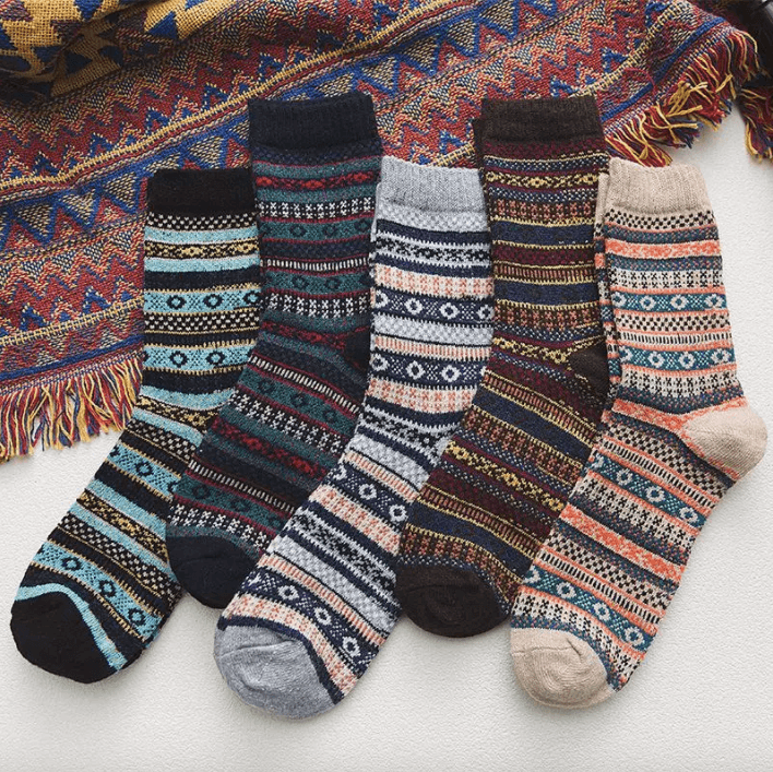 Calcetines térmicos en mezcla de lana con patrón nórdico, set de invierno de 5 pares, talla EU 36-39, 6 diseños