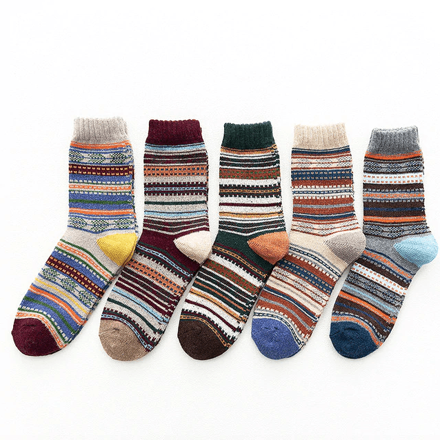 Calcetines térmicos en mezcla de lana con patrón nórdico, set de invierno de 5 pares, talla EU 36-39, 6 diseños