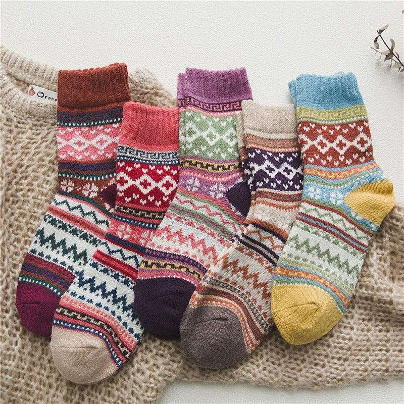 Calcetines térmicos en mezcla de lana con patrón nórdico, set de invierno de 5 pares, talla EU 36-39, 6 diseños