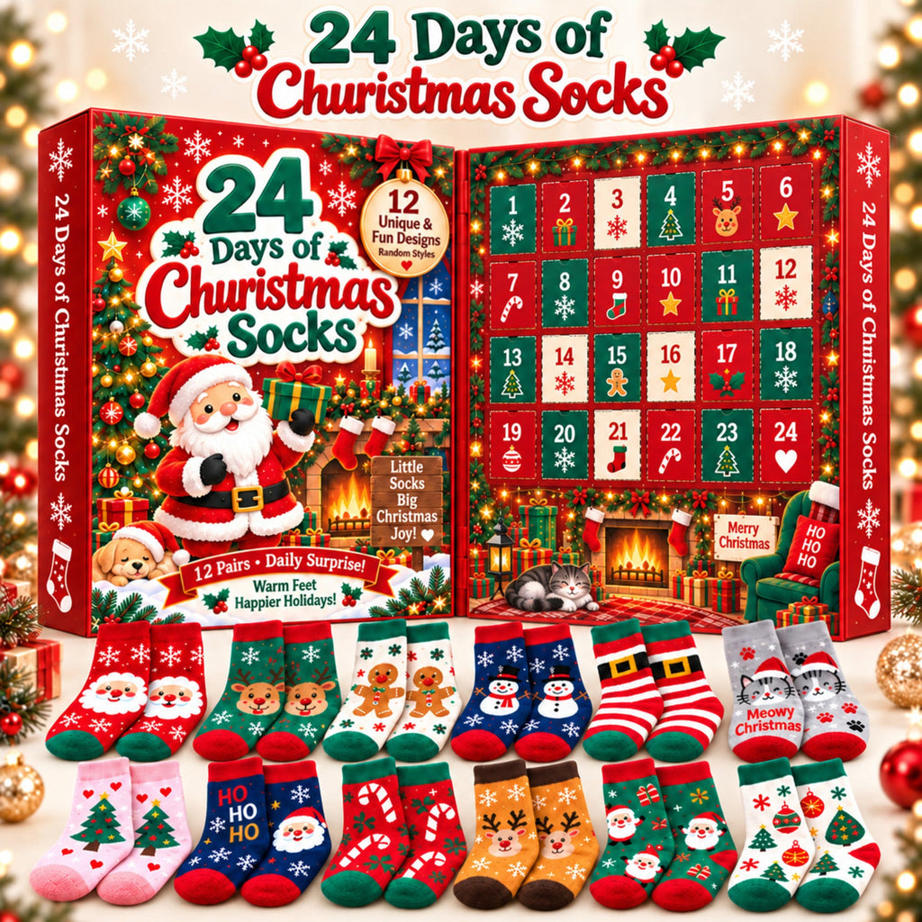Calendario de adviento de calcetines de Navidad de 24 días, Caja regalo sorpresa de 12 pares, Diseños festivos aleatorio