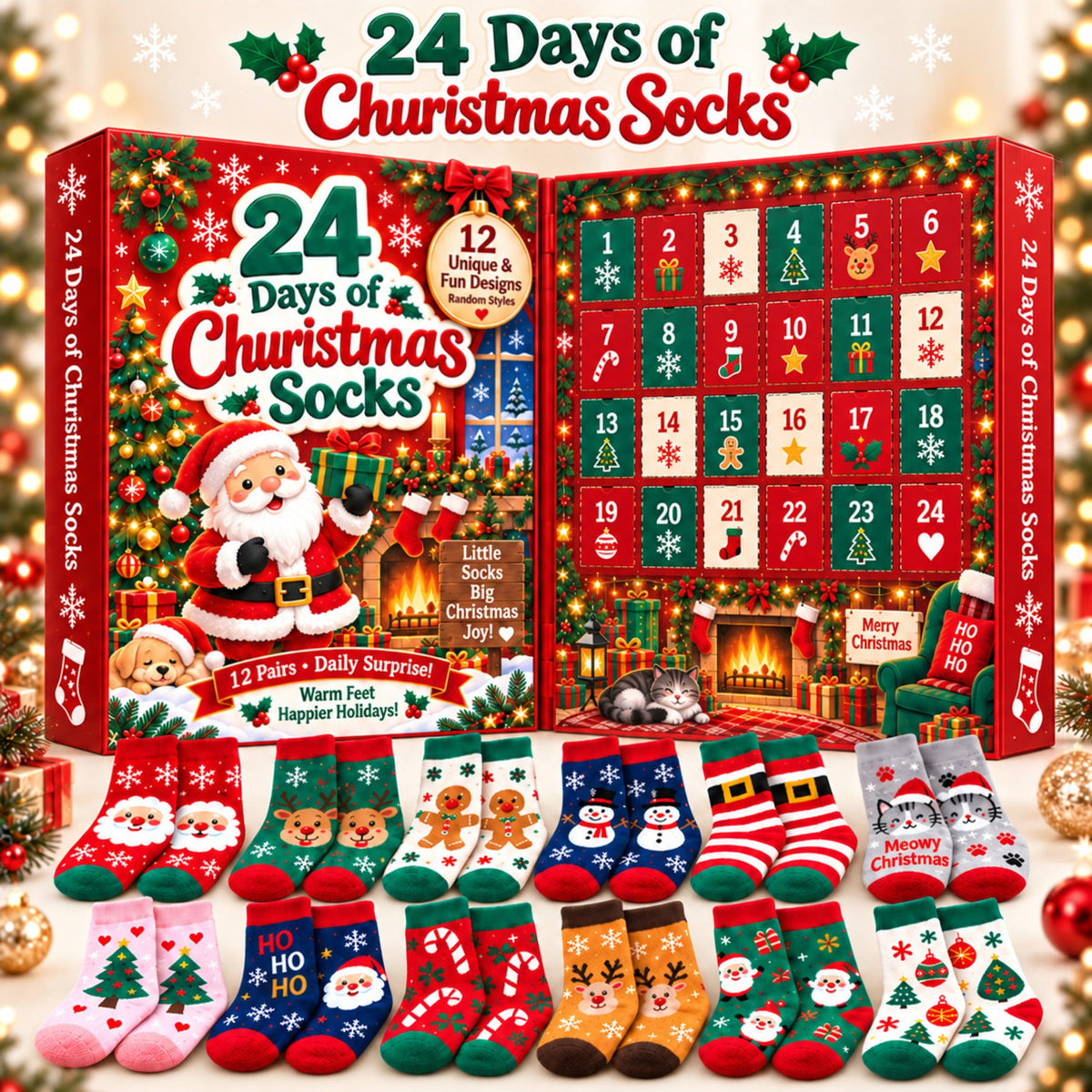 Calendario de adviento de calcetines de Navidad de 24 días, Caja regalo sorpresa de 12 pares, Diseños festivos aleatorio