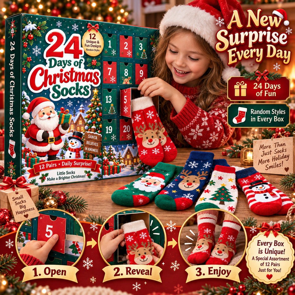 Calendario de adviento de calcetines de Navidad de 24 días, Caja regalo sorpresa de 12 pares, Diseños festivos aleatorio