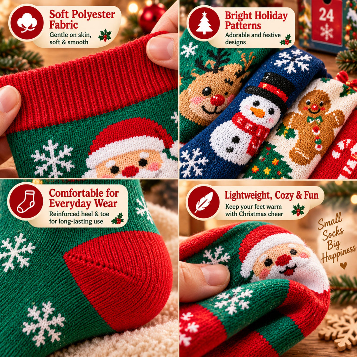 Calendario de adviento de calcetines de Navidad de 24 días, Caja regalo sorpresa de 12 pares, Diseños festivos aleatorio