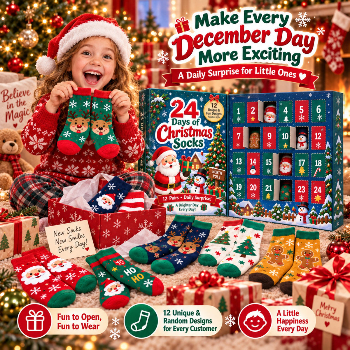 Calendario de adviento de calcetines de Navidad de 24 días, Caja regalo sorpresa de 12 pares, Diseños festivos aleatorio