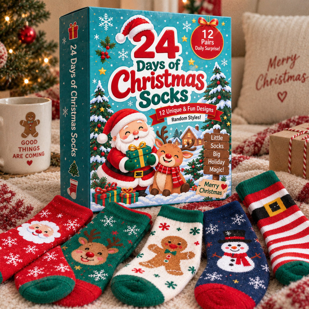 Calendario de adviento de calcetines de Navidad de 24 días, Caja regalo sorpresa de 12 pares, Diseños festivos aleatorio