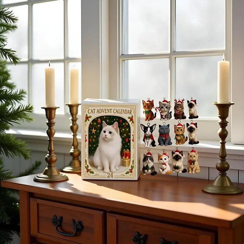 Calendario de adviento navideño de gatos – 24 figuras acrílicas festivas para la cuenta atrás de Navidad