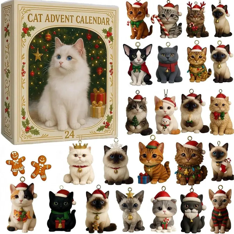 Calendario de adviento navideño de gatos – 24 figuras acrílicas festivas para la cuenta atrás de Navidad