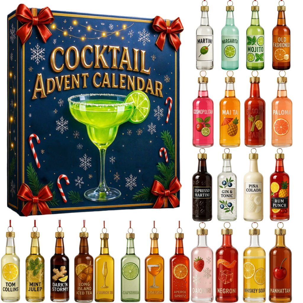Calendario de Adviento de Cócteles Festivos – 24 Minicócteles para Colgar, Cuenta Atrás Navideña con Bebidas y Adornos p