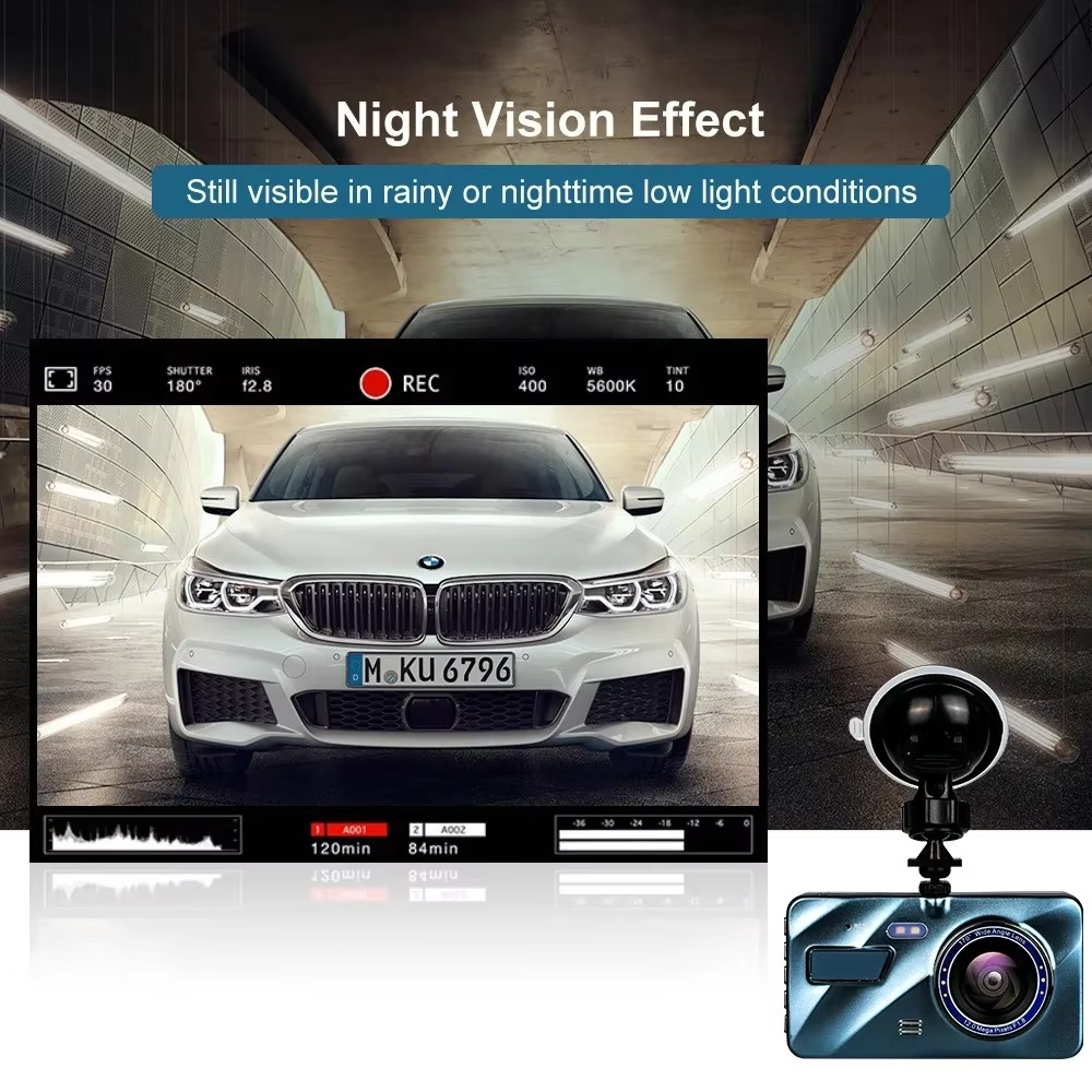 Cámara de coche con doble lente Full HD 1080P, visión nocturna, grabación frontal y trasera, pantalla de 4 pulgadas