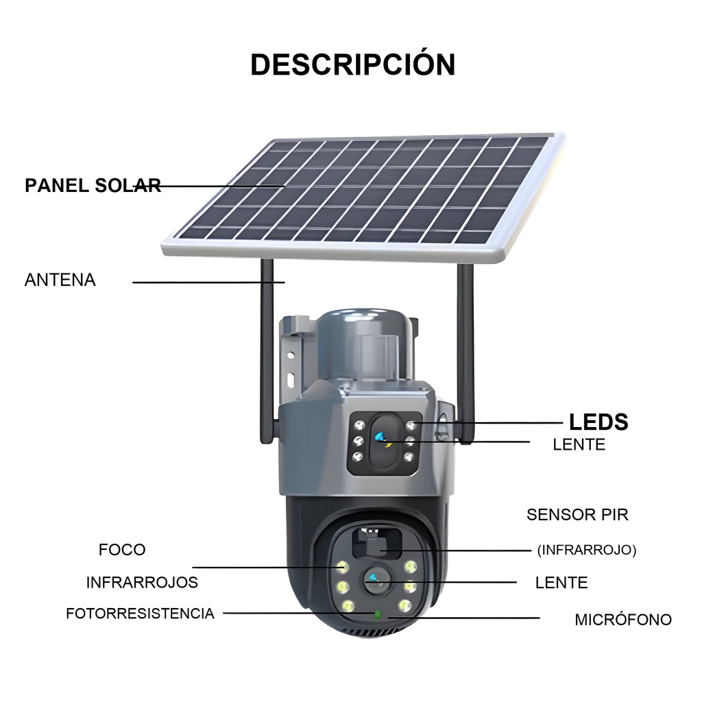 Cámara de vigilancia solar 4K con panel solar y control 360° desde app