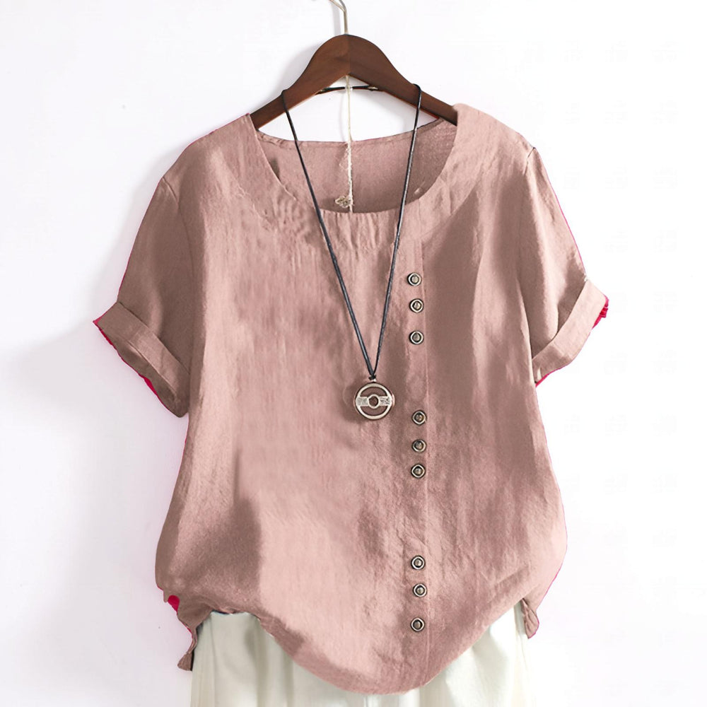 Camiseta de mujer casual de manga corta con botones delanteros y cuello redondo