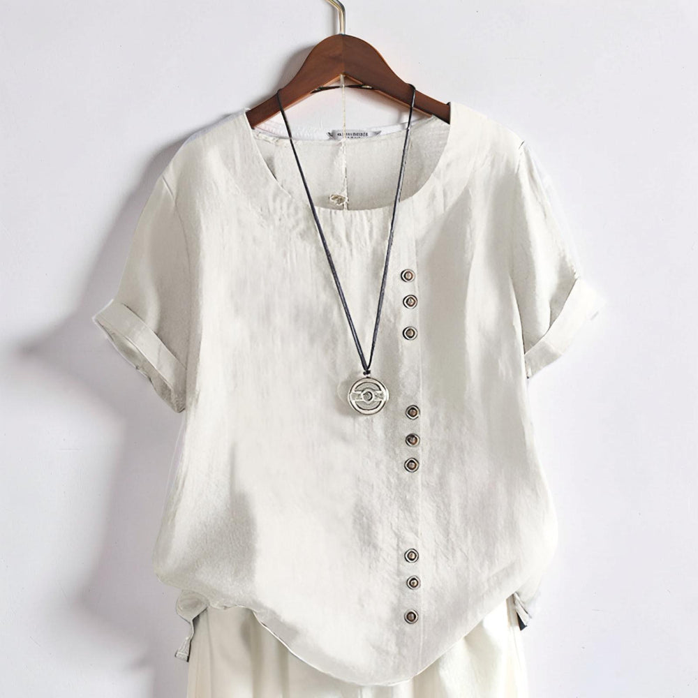 Camiseta de mujer casual de manga corta con botones delanteros y cuello redondo