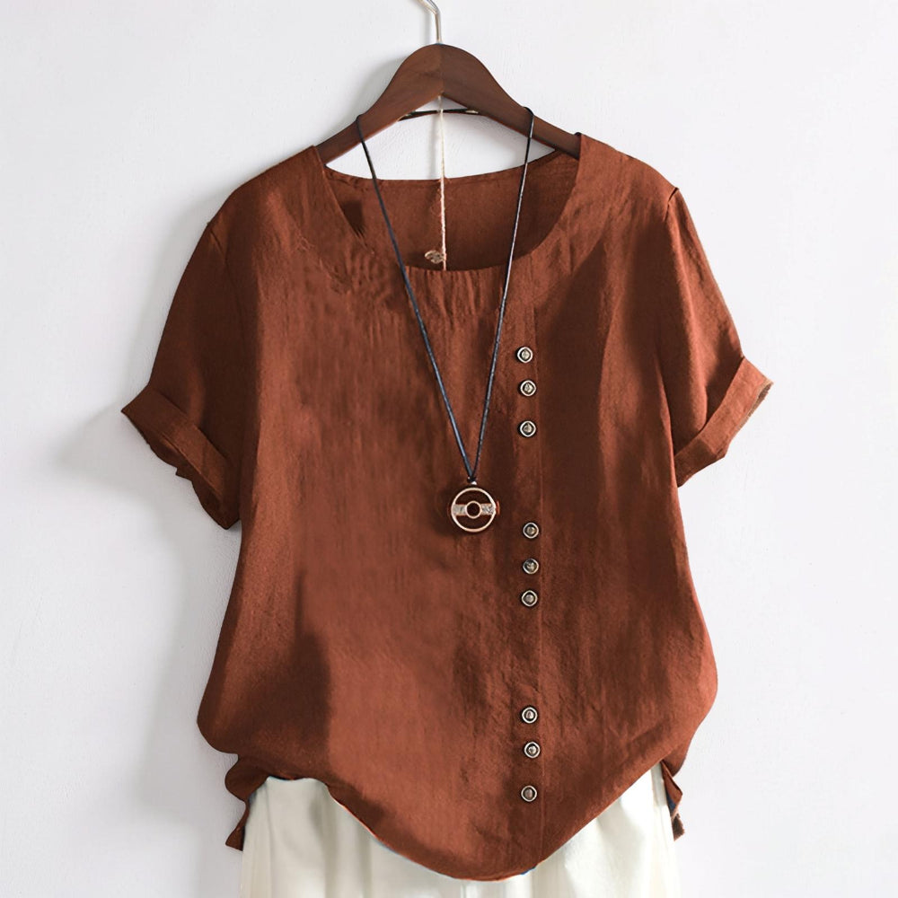Camiseta de mujer casual de manga corta con botones delanteros y cuello redondo