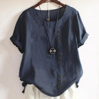 Camiseta de mujer casual de manga corta con botones delanteros y cuello redondo