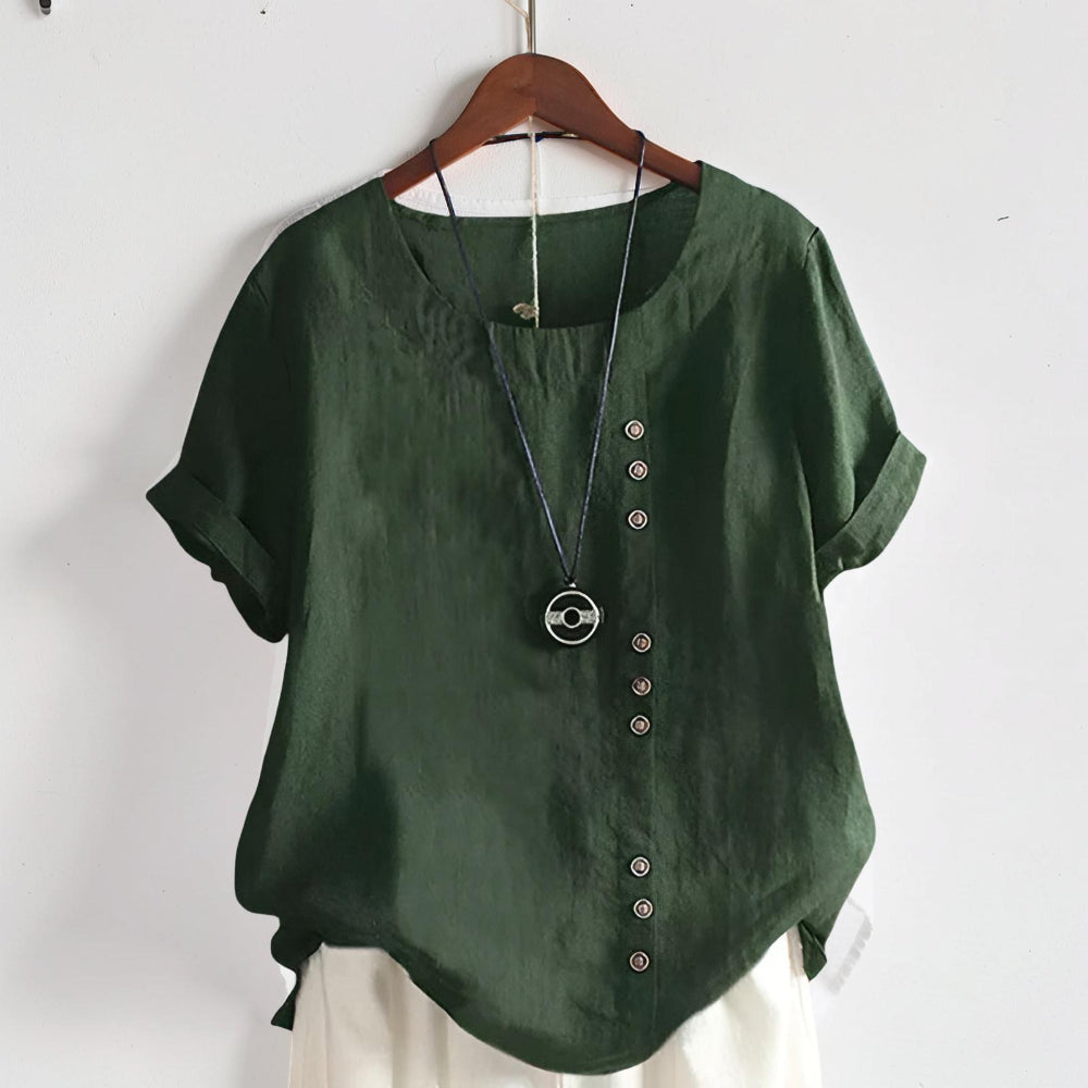 Camiseta de mujer casual de manga corta con botones delanteros y cuello redondo