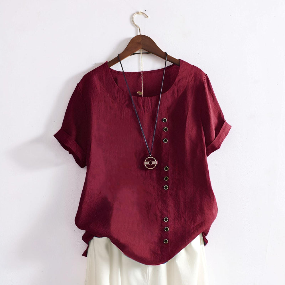 Camiseta de mujer casual de manga corta con botones delanteros y cuello redondo