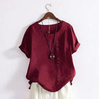 Camiseta de mujer casual de manga corta con botones delanteros y cuello redondo