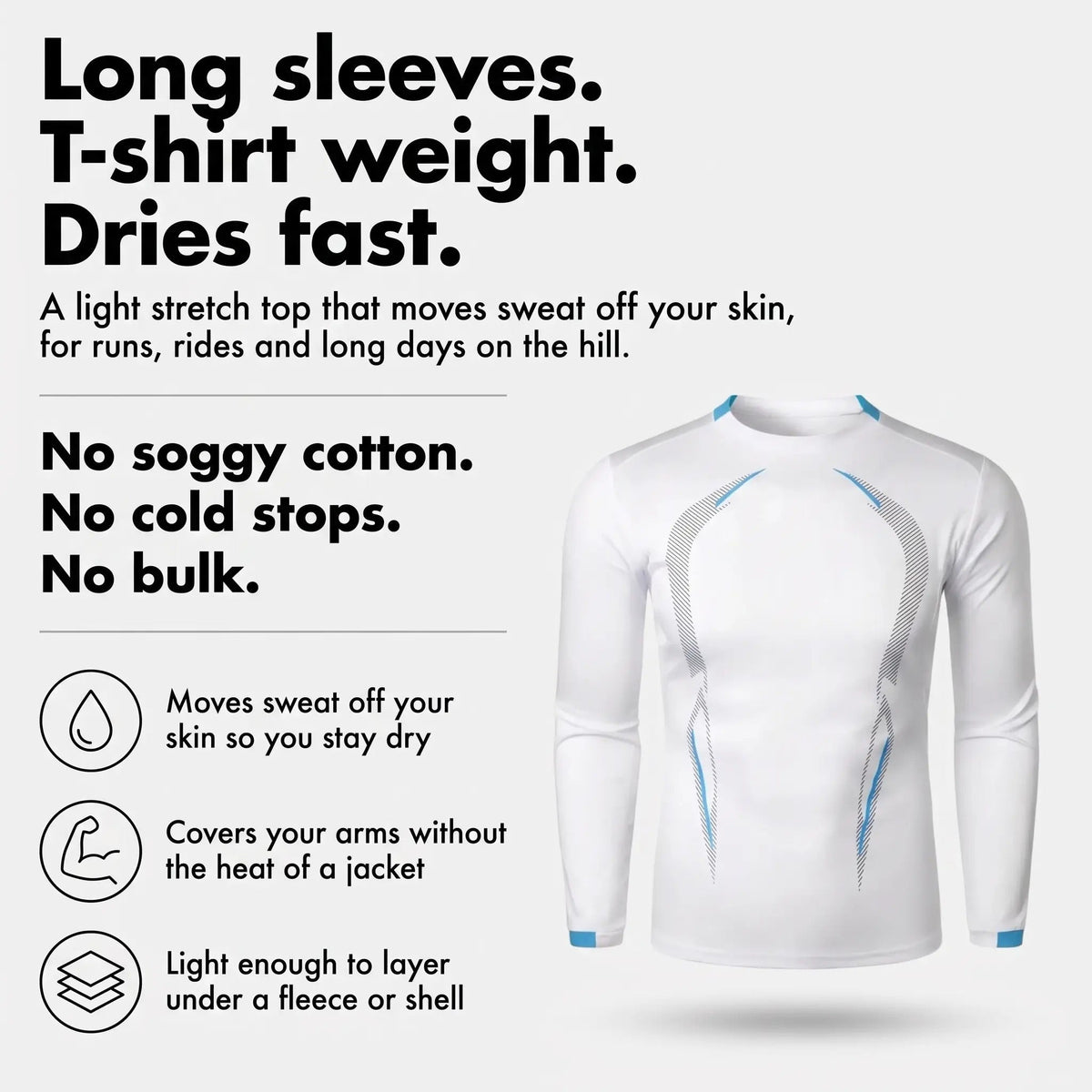 Camiseta técnica de manga larga para hombre - Capa base de secado rápido - Running y senderismo