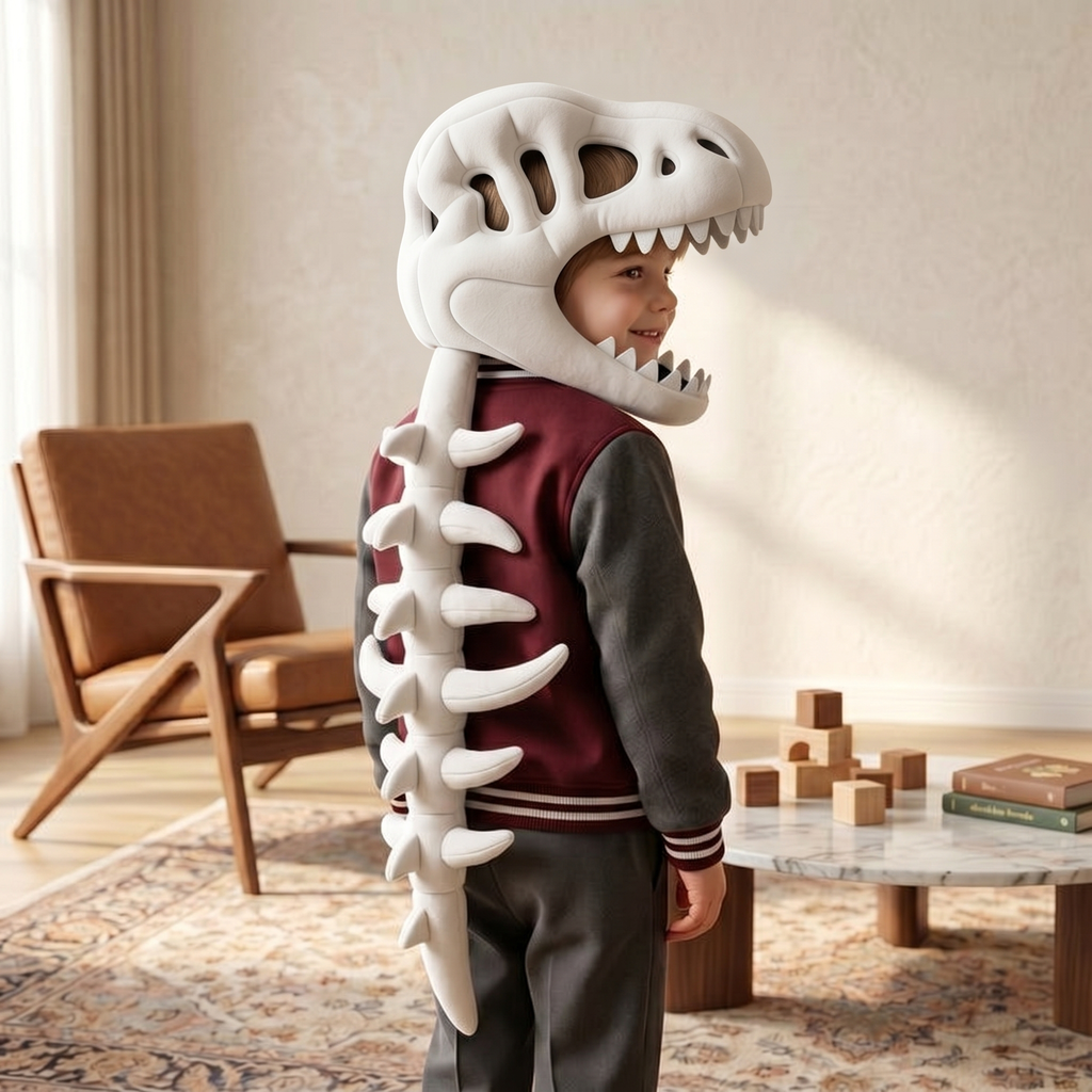 Capucha de felpa con calavera de dinosaurio para niños – Disfraz con columna de esqueleto