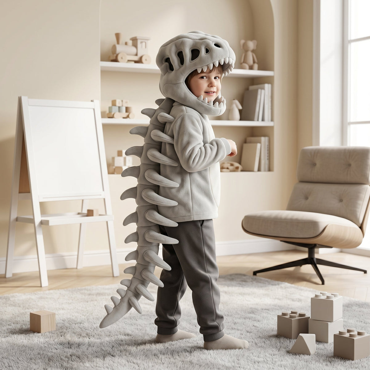 Capucha de felpa con calavera de dinosaurio para niños – Disfraz con columna de esqueleto