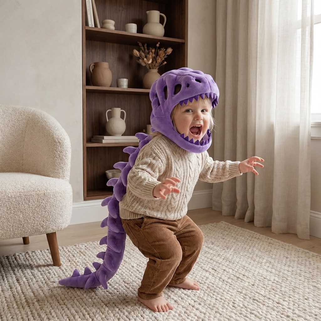Capucha de felpa con calavera de dinosaurio para niños – Disfraz con columna de esqueleto