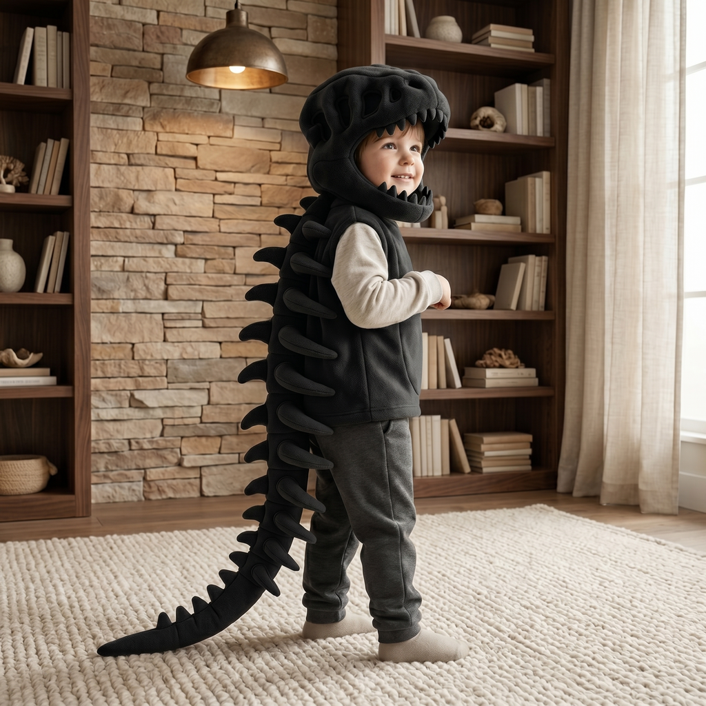 Capucha de felpa con calavera de dinosaurio para niños – Disfraz con columna de esqueleto