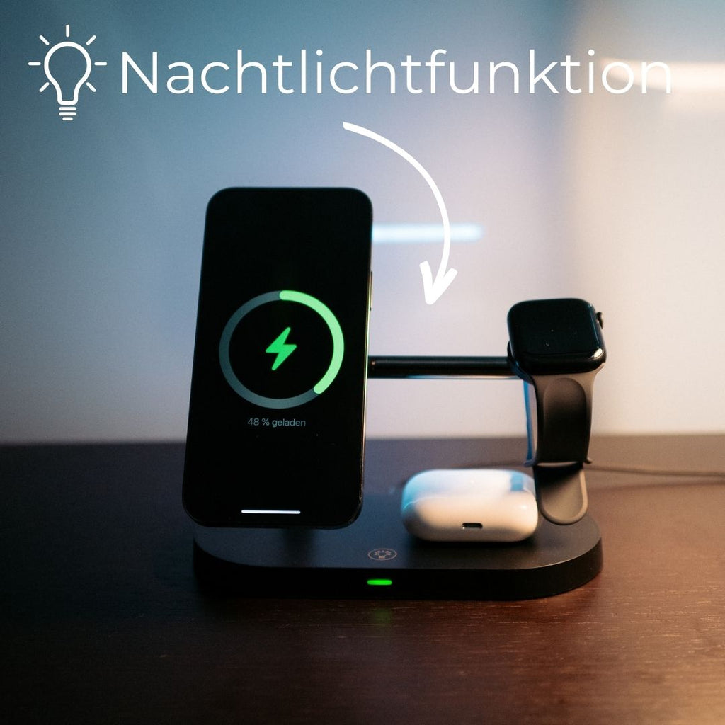Cargador inalámbrico 3 en 1 para móvil, smartwatch y auriculares – Estación de carga rápida con diseño moderno