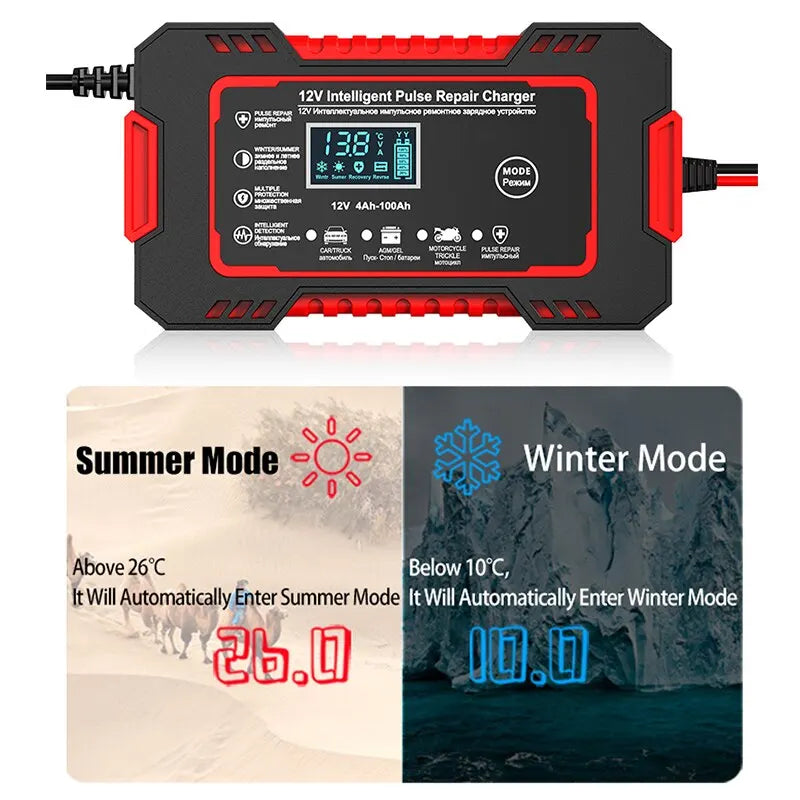 Cargador inteligente de batería de coche 12V 6A con reparación por pulsos y pantalla LCD