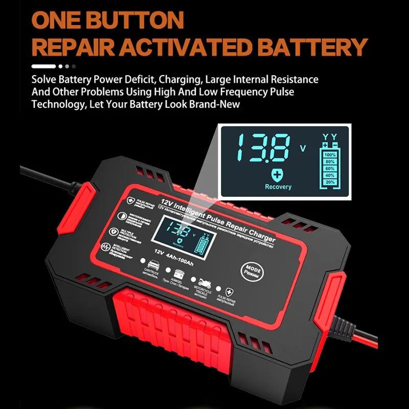 Cargador inteligente de batería de coche 12V 6A con reparación por pulsos y pantalla LCD