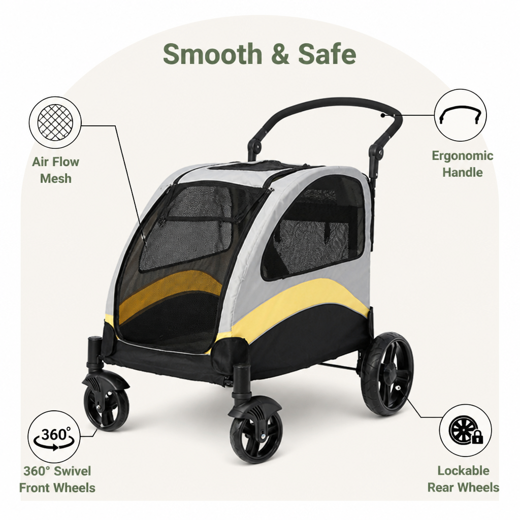 Carrito plegable de 4 ruedas con malla transpirable para mascotas