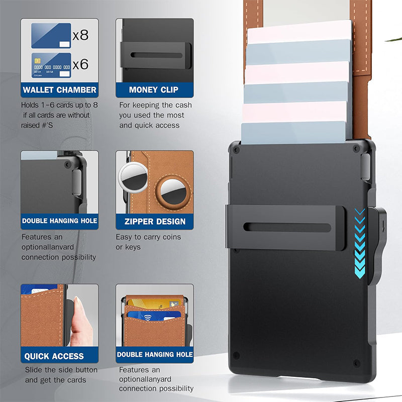 Cartera minimalista para hombre con tarjetero de aluminio pop-up y pinza para billetes
