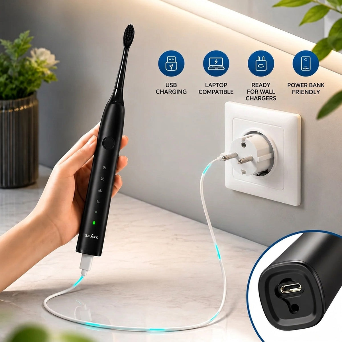 Cepillo de dientes eléctrico sónico | 5 modos de cepillado y batería recargable USB, más de 50 días de autonomía | Limpi