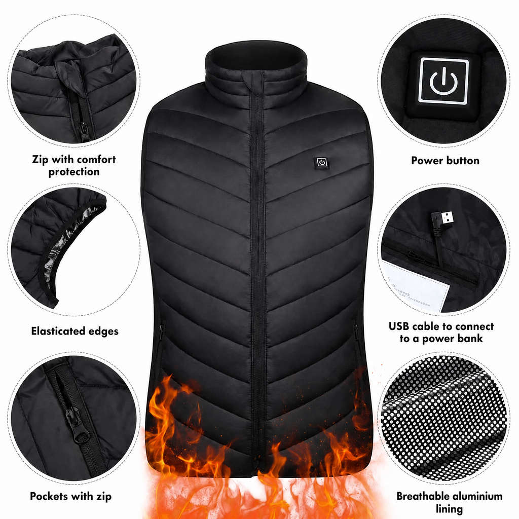Chaleco térmico unisex con 3 niveles de calor en espalda, abdomen y cuello, alimentado por batería USB, poliéster con fo