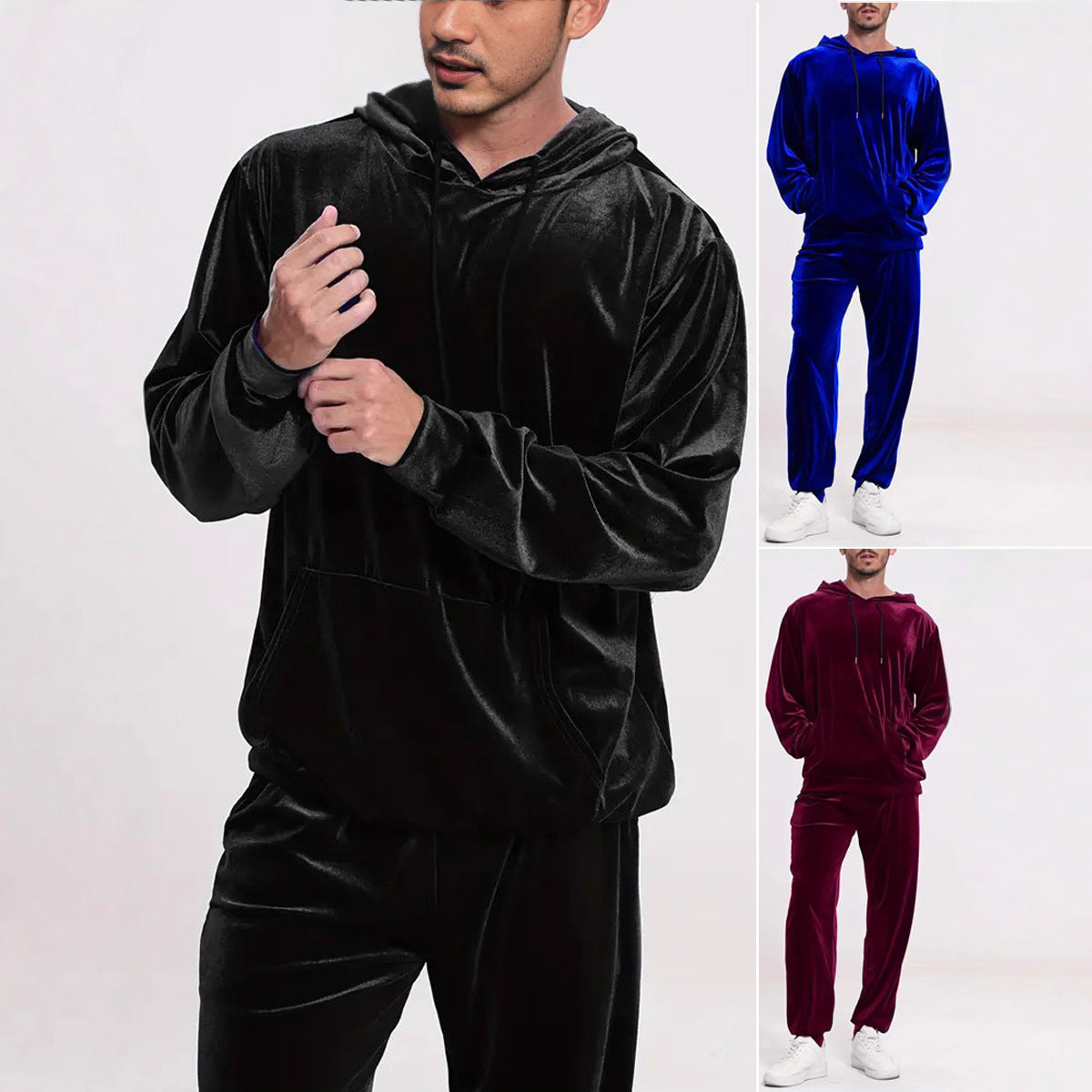 Chándal de terciopelo para hombre con capucha y pantalones casuales