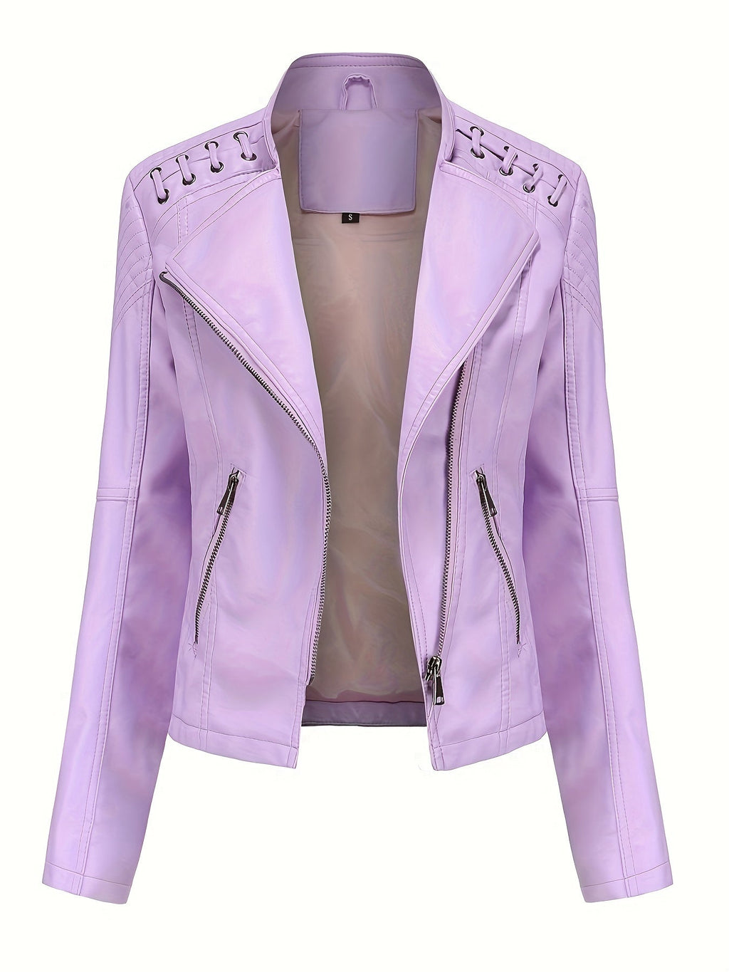 Chaqueta biker de mujer, cazadora corta efecto piel con cremallera asimétrica, solapas y cordones con ojales en los homb