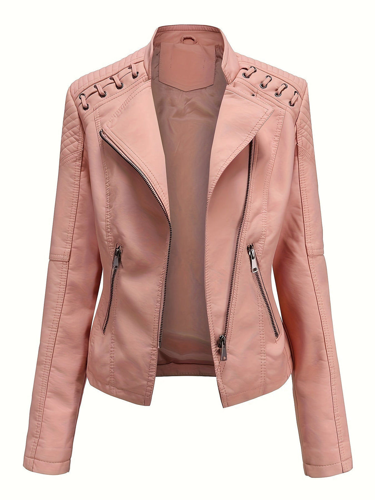 Chaqueta biker de mujer, cazadora corta efecto piel con cremallera asimétrica, solapas y cordones con ojales en los homb