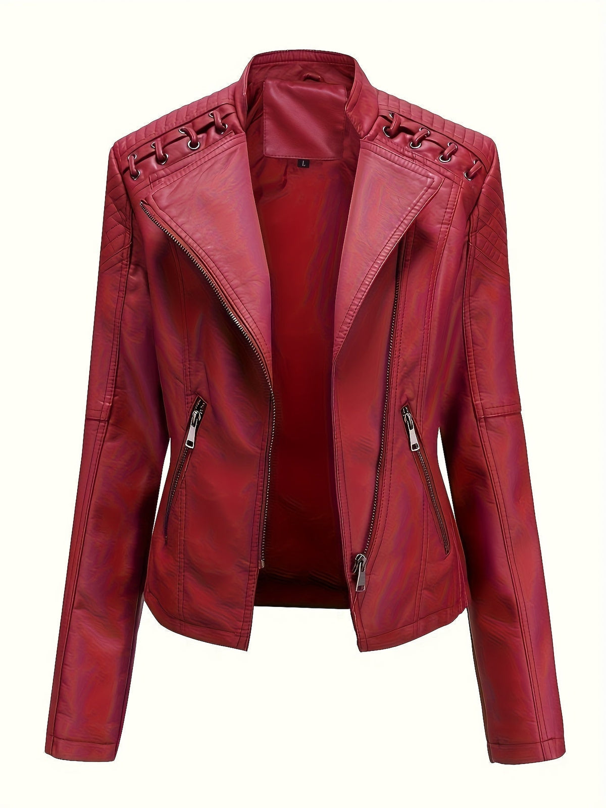 Chaqueta biker de mujer, cazadora corta efecto piel con cremallera asimétrica, solapas y cordones con ojales en los homb