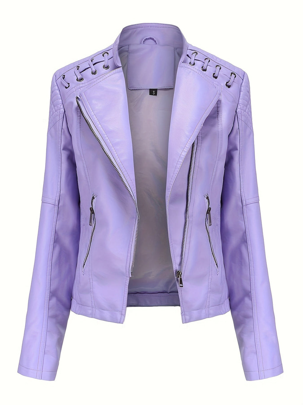 Chaqueta biker de mujer, cazadora corta efecto piel con cremallera asimétrica, solapas y cordones con ojales en los homb