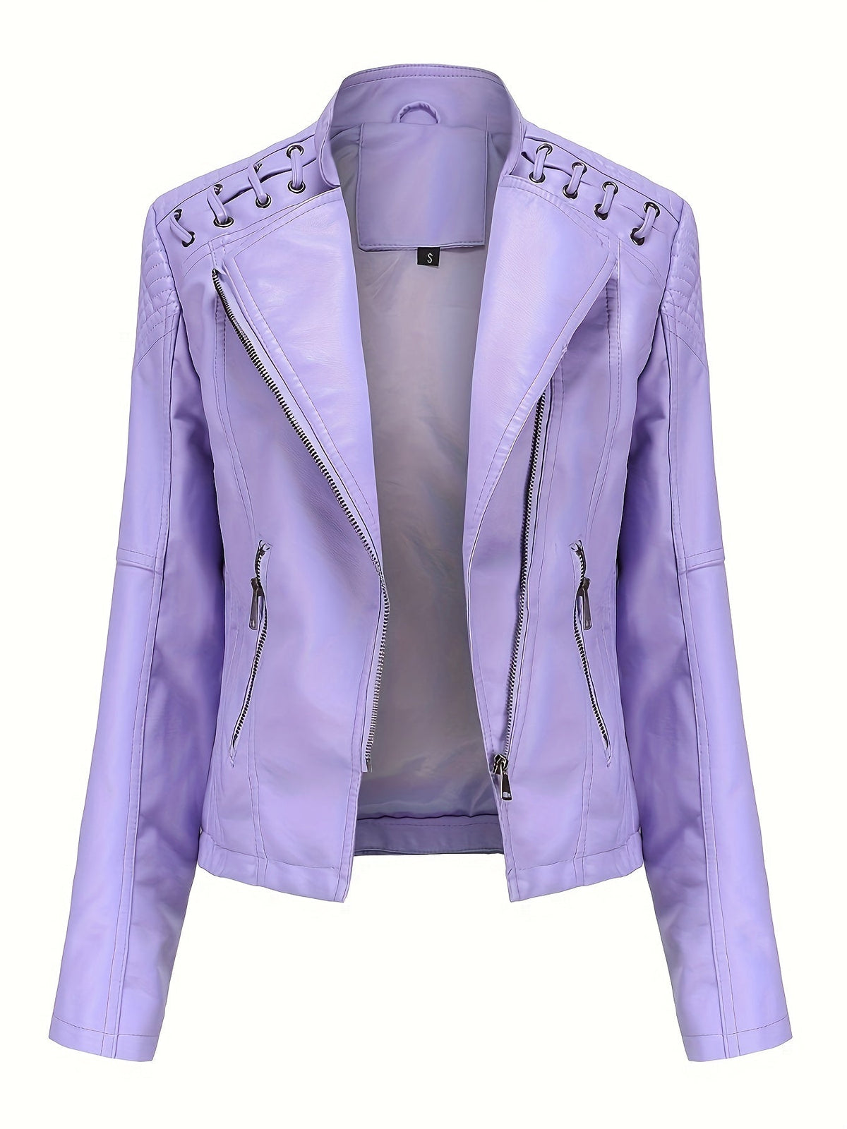 Chaqueta biker de mujer, cazadora corta efecto piel con cremallera asimétrica, solapas y cordones con ojales en los homb
