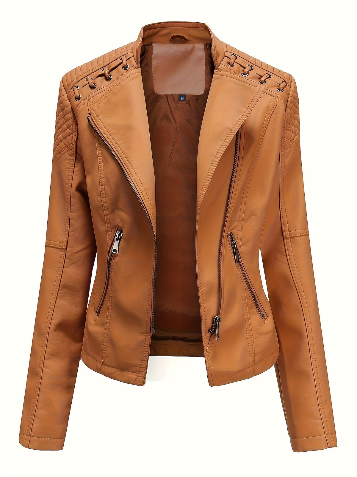 Chaqueta biker de mujer, cazadora corta efecto piel con cremallera asimétrica, solapas y cordones con ojales en los homb