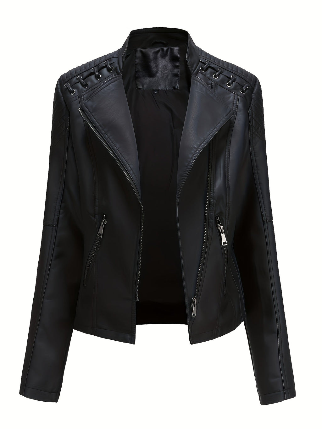Chaqueta biker de mujer, cazadora corta efecto piel con cremallera asimétrica, solapas y cordones con ojales en los homb