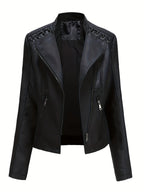 Chaqueta biker de mujer, cazadora corta efecto piel con cremallera asimétrica, solapas y cordones con ojales en los homb